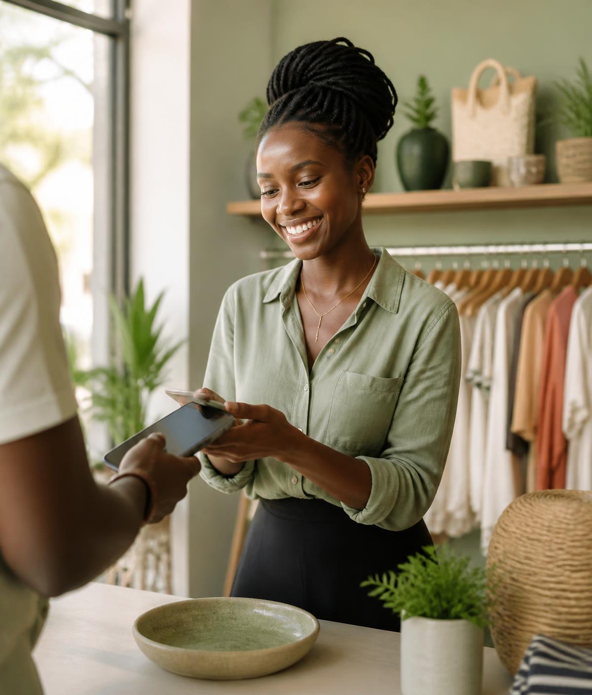 A shop owner in Lagos accepting a payment on her phone